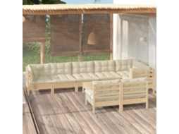 Conjunto 9 Peças Lounge Jardim C/ Almofadões Creme Pinho Maciço Dkd Home Decor