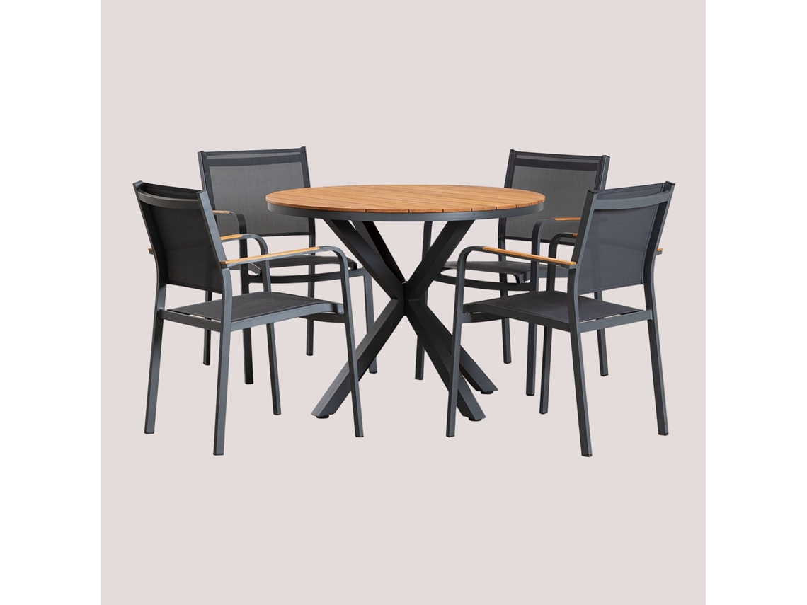 Conjunto De Mesa Redonda Archer E 4 Cadeiras De Jardim Madeira De Eucalipto Cinza Grafito Sklum (ø100 Cm)