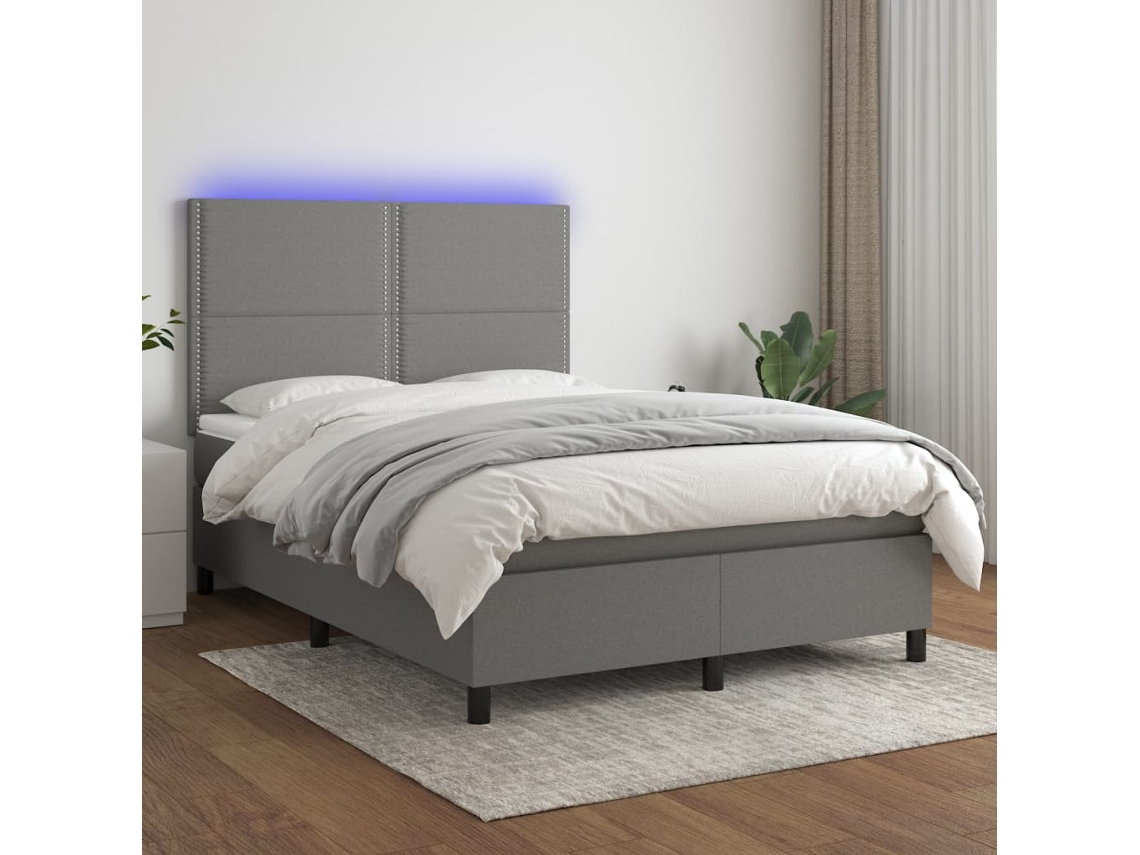 Vidaxl Cama Box Spring C/ Colchão E Led 140x190 Cm Tecido Cinza-escuro