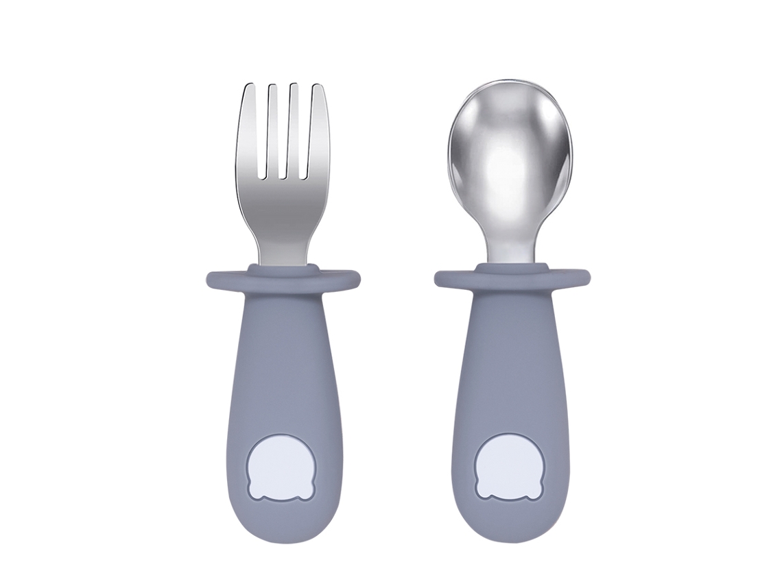 Conjunto de Talheres para Bebê , Inclui Colher e Garfo de Aço Inoxidável, Livre de Bpa. MDUG (cinza)