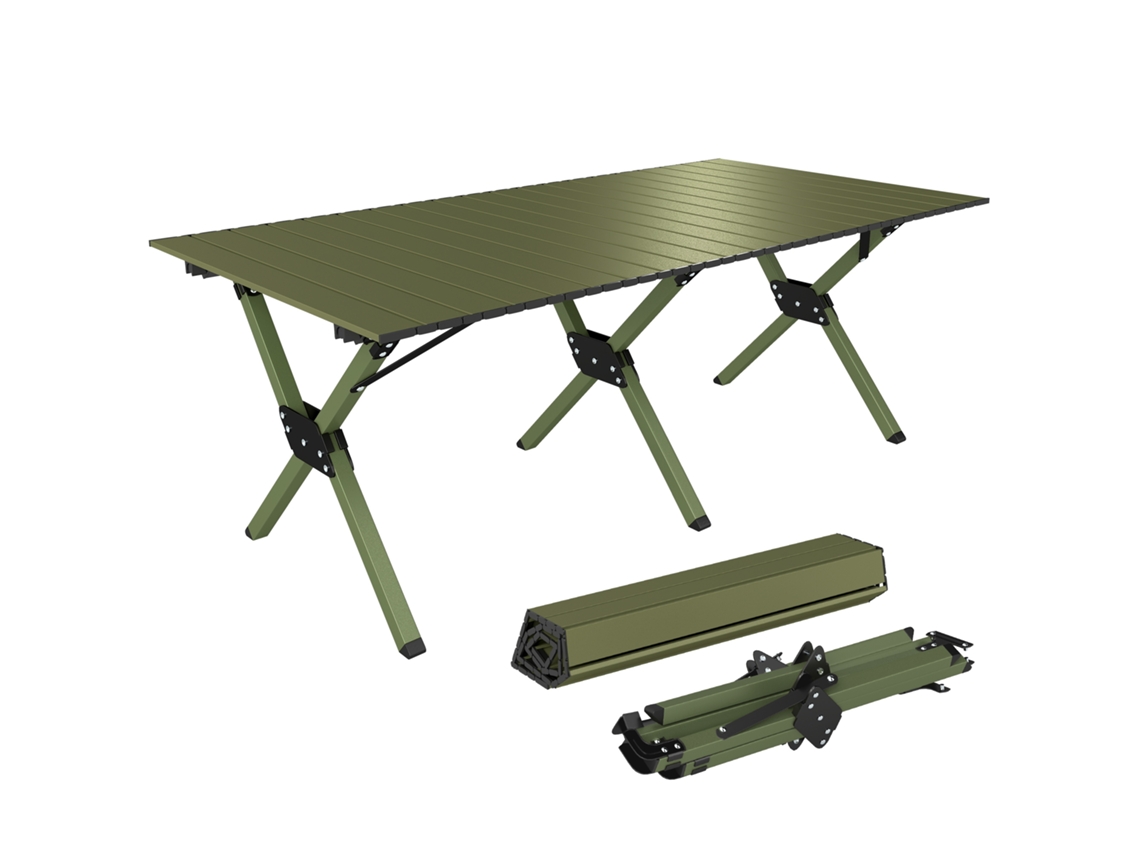 Mesa Camping Dobrável 116cm Piquenique Impermeável Tampo Enrolável Metal Verde