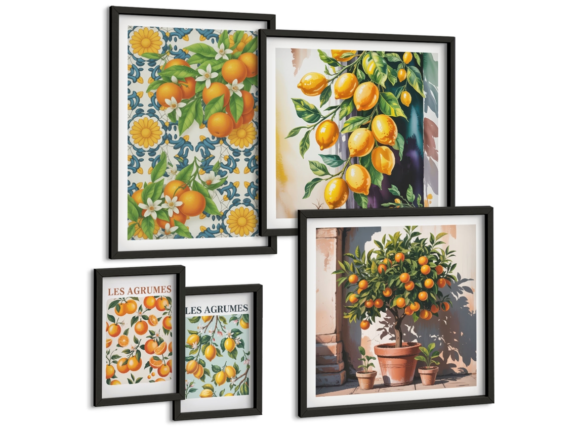 Conjunto De Pinturas Paisagens Marítimas, Limões E Janelas Moldura Preta Quadros Para A Sala De Estar Espelharte (conjunto De 5 Imagens)