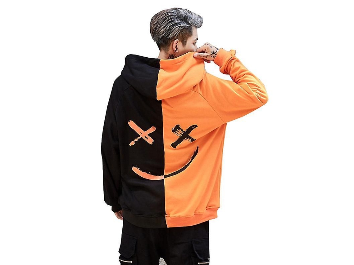 Moletom Com Capuz Masculino De Manga Longa Com Rosto Sorridente, Oversized, Casual E Esportivo Preto Laranja