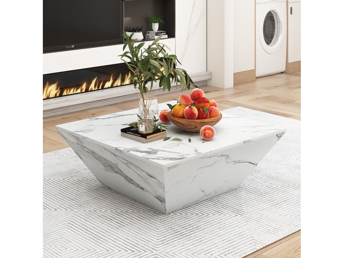 Mesa De Centro Moderna 70 X 70 X 37 Cm Tampo Em Mármore Branco, Design Trapezoidal Branco Estilo