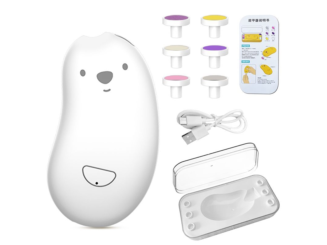 Tesoura elétrica para unhas Rebe para bebês com 6 cabeças de polimento, carregamento USB seguro para cuidados com as unhas em casa, branca.