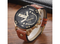 Relógio Masculino Cagarny 6820 Com Mostrador Redondo Grande, Pulseira De Couro E Movimento Duplo De Quartzo.