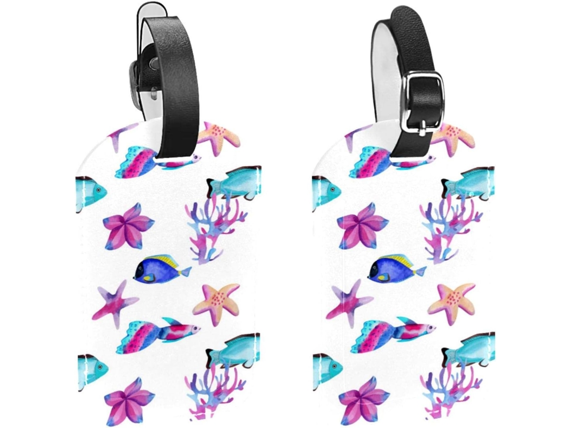 Conjunto De 2 Etiquetas Bagagem Em Imitação Couro Com Peixes E Estrelas Do Mar