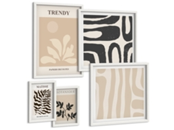Pinturas Murais Modernas Padrões De Plantas Em Bege Moldura Branca Quadros Para A Sala De Estar Espelharte (conjunto De 5 Imagens)