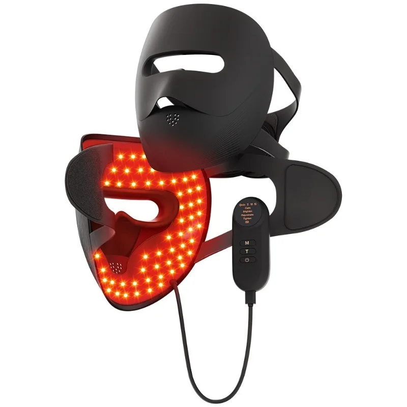 Máscara facial de silicone com LED (preta) e terapia de luz vermelha.