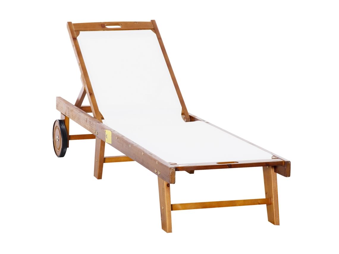 Espreguiçadeira Ajustável BTFORUS, madeira de Acácia, tecido natural e branco, 198x55x30cm, 88,5cm
