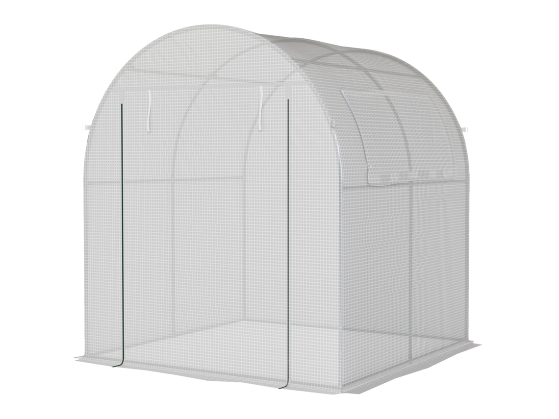 Estufa Branco Jardim 180x180x200 cm, tipo túnel pequeno, com suporte enrolável e janela de malha para cultivo de plantas e flores.