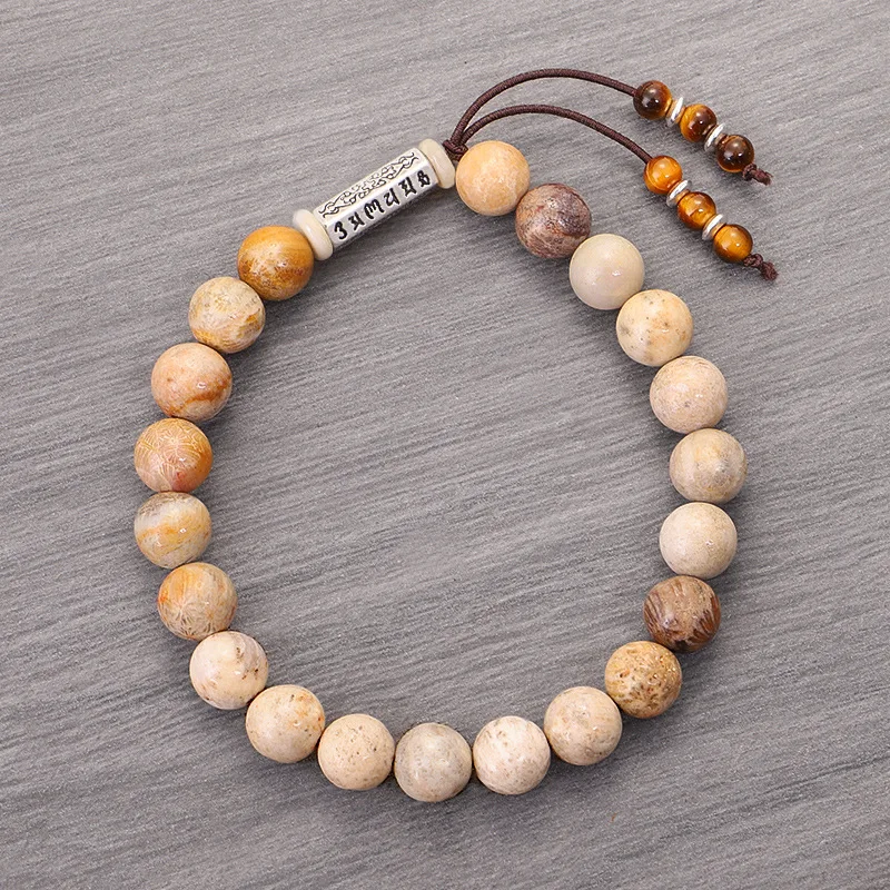 Pulseira Tibetana Budista Artesanal Com O Símbolo "om", Contas De Pedra Natural E Mantra De Seis Sílabas.