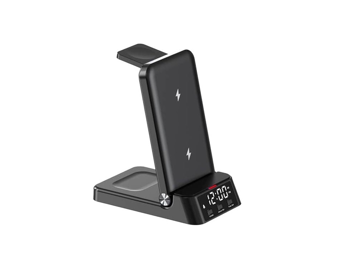 Estação De Carregamento Sem Fio 4 Em 1 Com Despertador, Suporte Dobrável De Carga Rápida Para Iphone E Fones (preto)