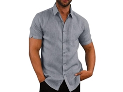Camisa Casual Masculina De Algodão E Linho Com Listras, Manga Curta, Para Verão/primavera, Estilo Diário Cinza