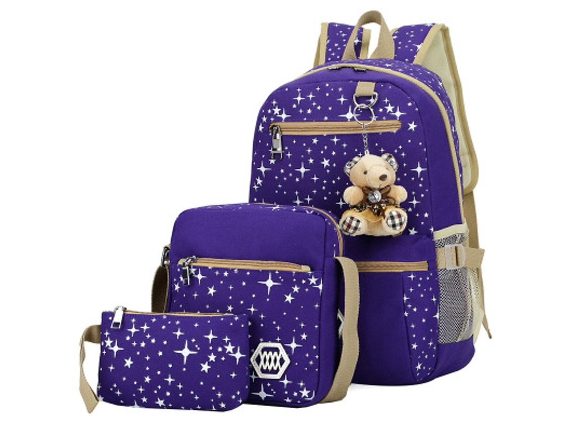 Mochila De Estudante De Quatro Peças, Impressão Em Tela, Mochila De Grande Capacidade, Azul Claro, 27*17*44