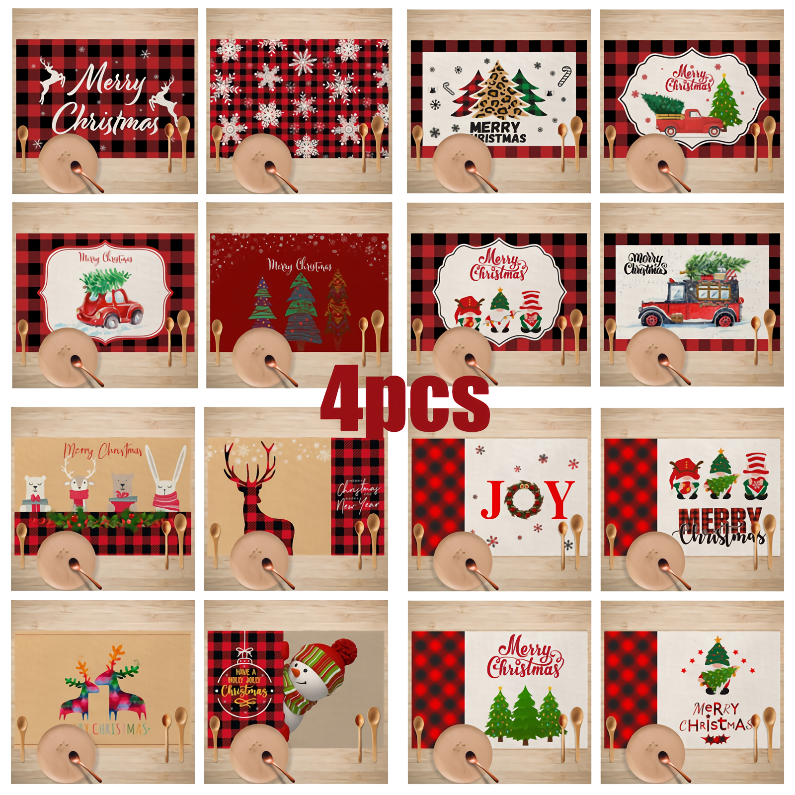 Conjunto De 4 Jogos Americanos De Natal Com Estampa Xadrez Vermelha, Jogos Americanos De Cozinha, Toalha De Mesa De Floco De Neve De Papai Noel, Toalh