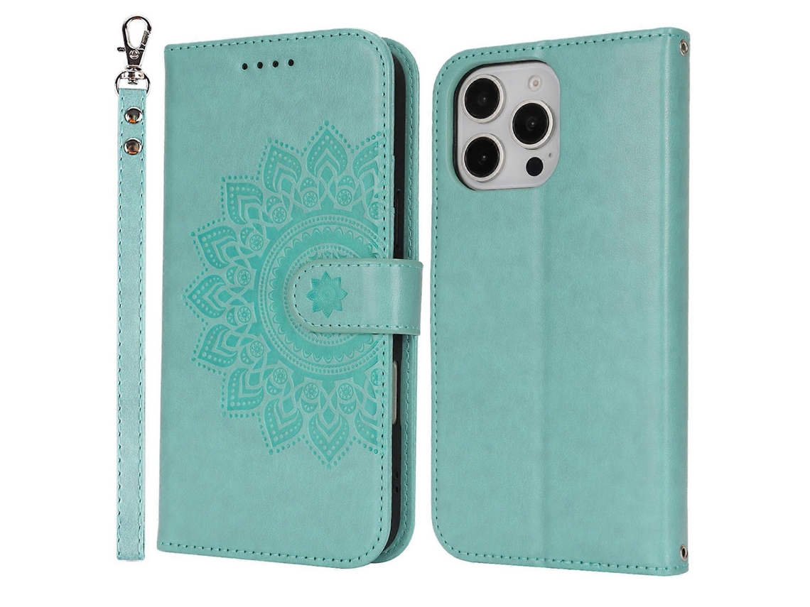 Capa Tipo Carteira De Couro Texturizado Com Alça Para Iphone 16 Pro, Verde Claro
