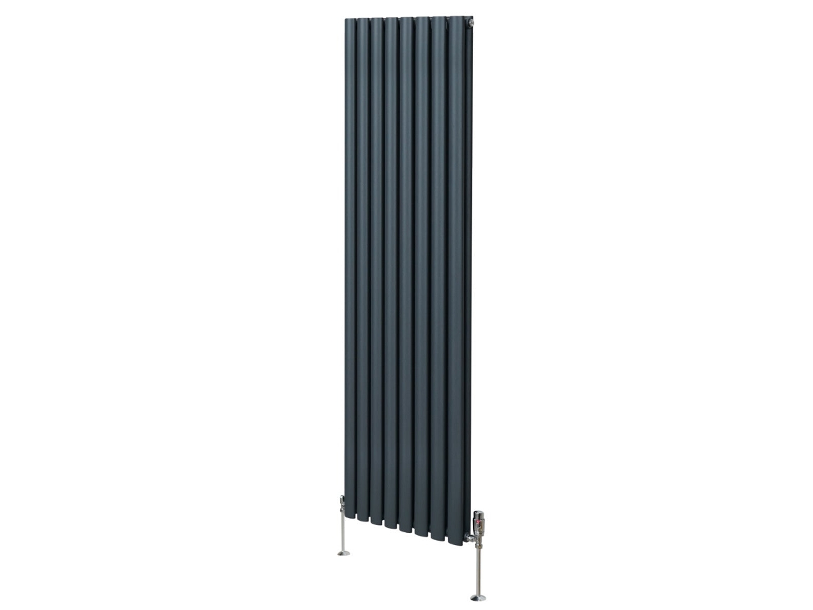 Radiador Vertical Oval Em Aço Carbono Antracite 1800x480mm Com Elevada Potência Térmica E Conjunto De Válvulas