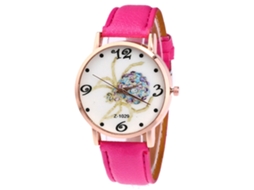 Relógio de quartzo unissex com pulseira de couro PU e mostrador em formato de aranha (rosa e vermelho)