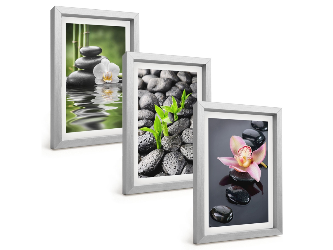 Conjunto De Pinturascomposição Zen Tranquila, Flores E Água Moldura Prateada Quadros Para A Sala De Estar Espelharte (3 Peças 20x30 Cm)