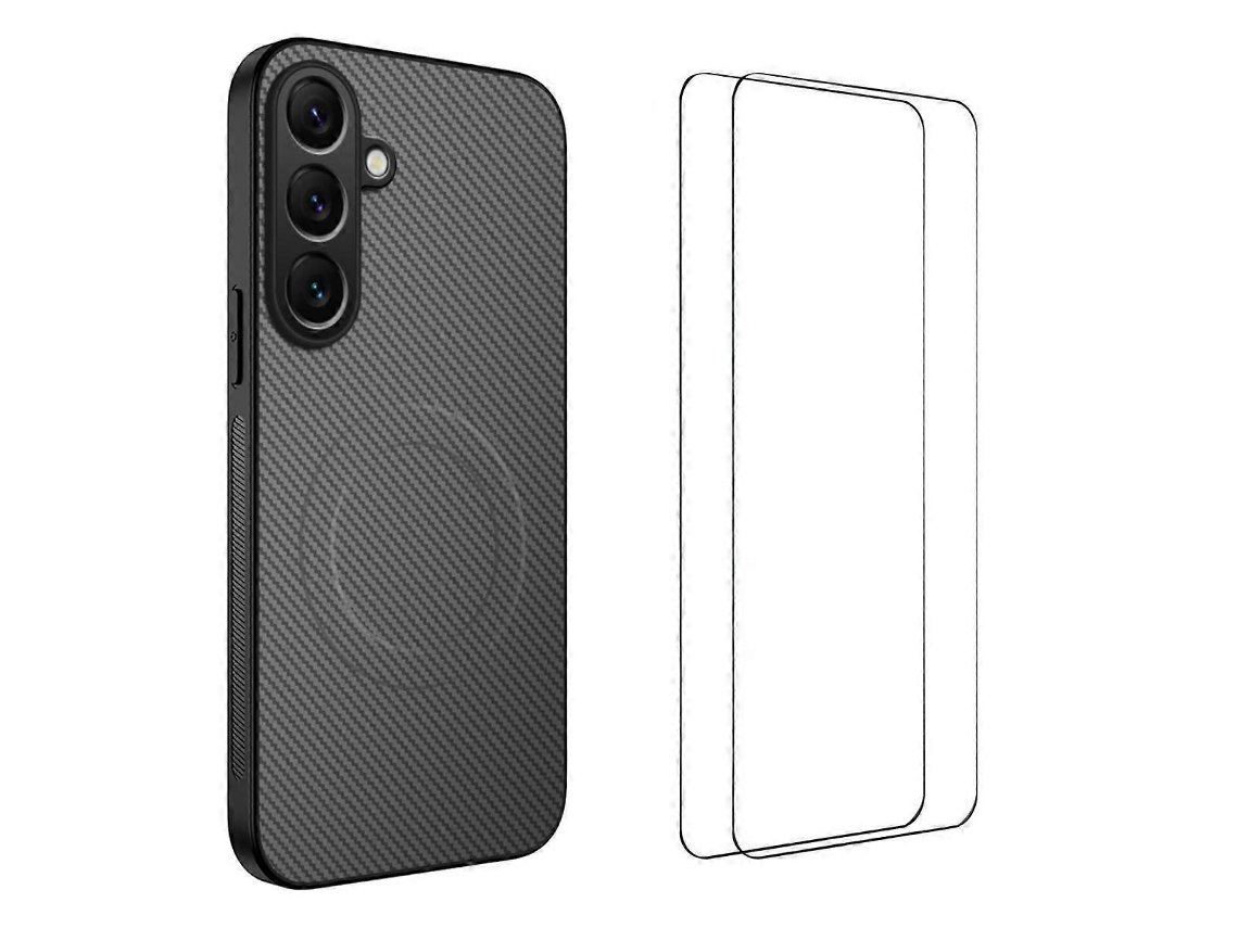Capa Magnética Wanlonfeng Tq1 Series Com Textura De Fibra De Carbono E Tpu Para Samsung Galaxy A36 5g Com 2 Películas De Tela Cinza