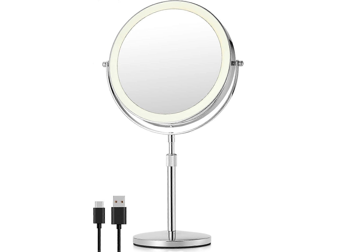 Rebe espejo de Maquillaje Con Luz 10x, 20 Cm Doble Lado Sin Giro, Base Ajustable En Altura, 3 Modos de Luz Regulable