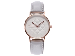 Relógio feminino de quartzo com pulseira de couro sintético branco e numerais romanos.
