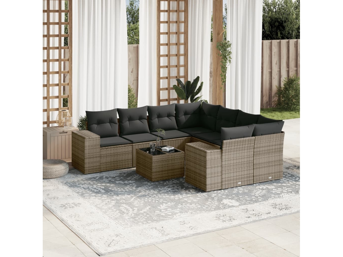 Vidaxl 9 Pcs Conjunto Sofás P/ Jardim Com Almofadões Vime Pe Cinzento