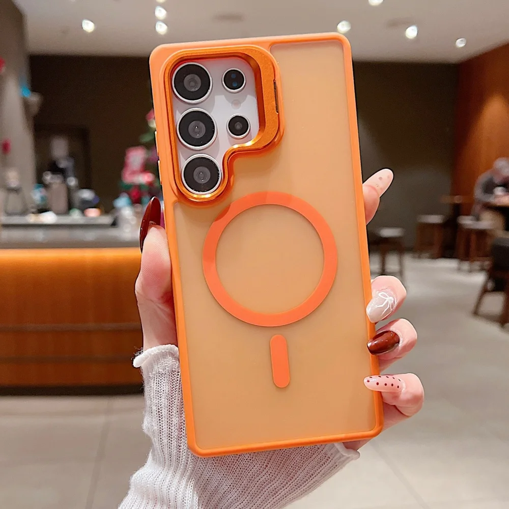 (laranja, Galaxy S25) Capa Para Celular Com Acabamento Fosco — Suporte Magnético Para Lente Em Metal — Material Acrílico Tpu