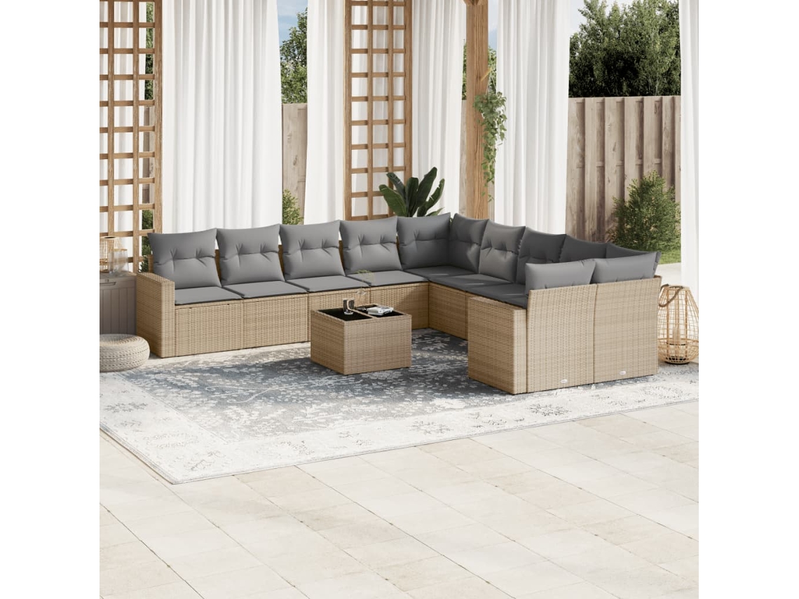 Vidaxl 11 Pcs Conjunto Sofás De Jardim C/ Almofadões Vime Pe Bege