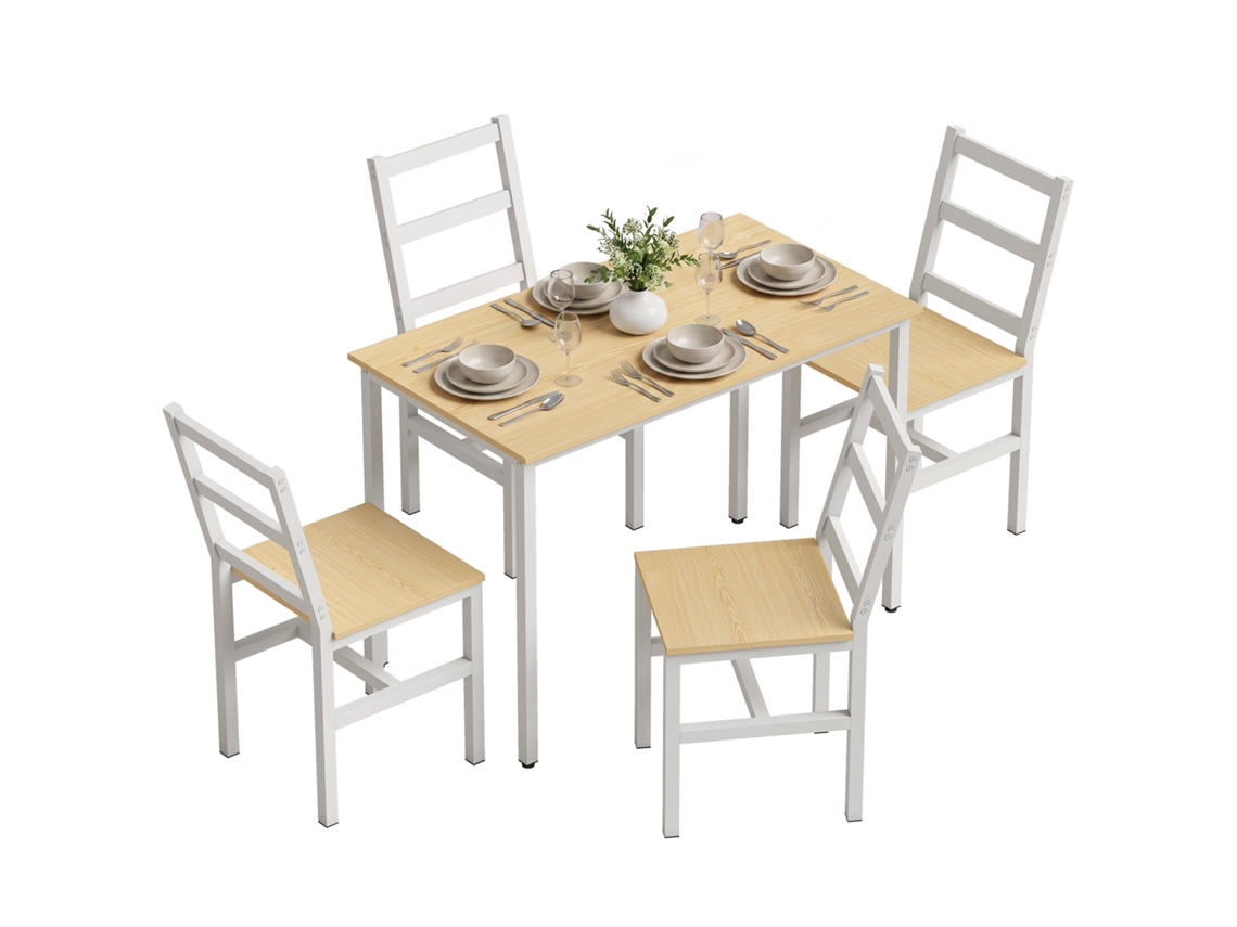 Conjunto De Sala De Jantar Com 4 Cadeiras, Mesa Retangular De 108 Cm, Cadeiras Com Encosto Ripado, Carvalho E Branco.