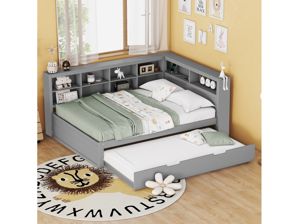 Sofá-cama 90/190 Madeira Sólida Cinza Usb Armazenamento
