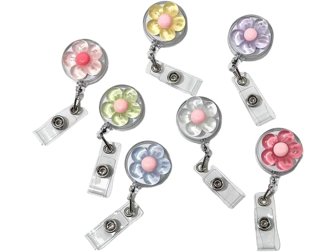 Conjunto de 7 suportes retráteis para crachá com clipe, charmoso suporte giratório para crachá com estampa floral.