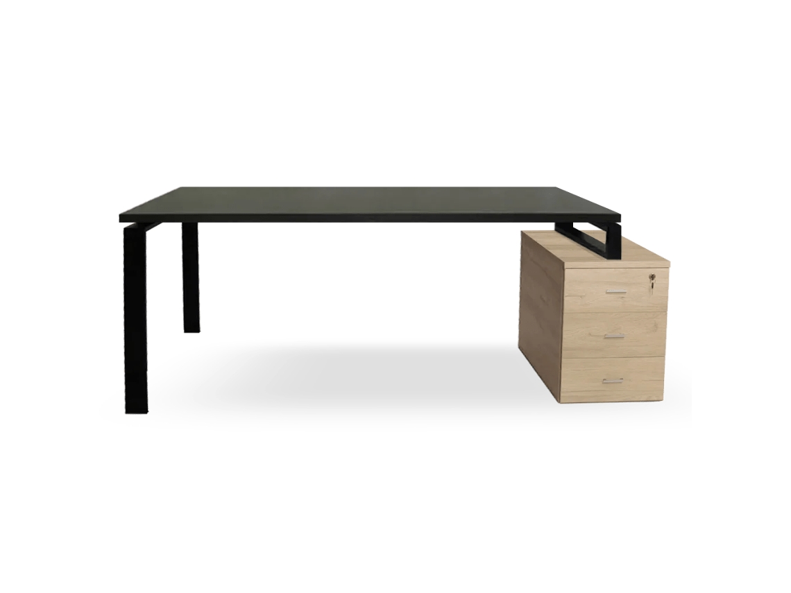 Mesa De Carvalho Com Gavetas. Estrutura De Metal Preta. 75 X 155,5 X 60 Cm. Tampo Cinza Grafite. Ofilike