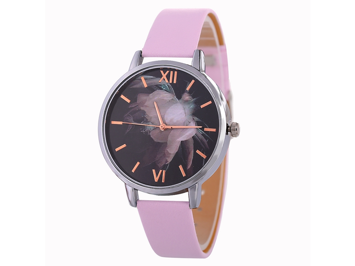 Relógio de Pulso Feminino Fashion com Esfera Preta e Pulseira de Couro Rosa