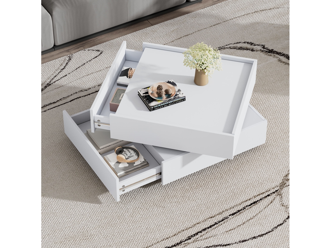 Mesa Centro Branca 60x60x38cm, 360°, 2 Andares. Cs