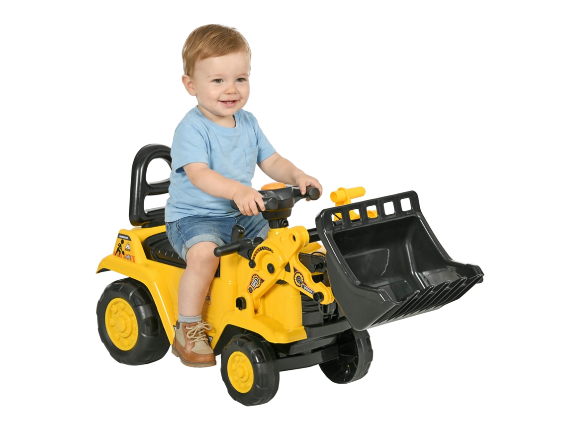 Carro Andador para Crianças Escavadora para Crianças com Pá Dianteira Buzina Volante e Compartimento Oculto 80x26,5x39 Cm Amarelo Ge