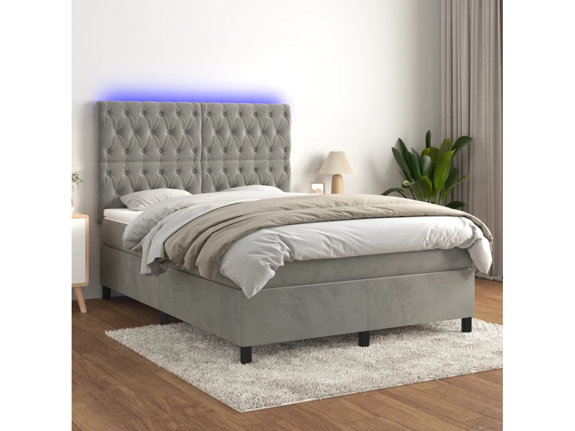 Vidaxl Cama Box Spring C/ Colchão/led 140x200 Cm Veludo Cinzento claro