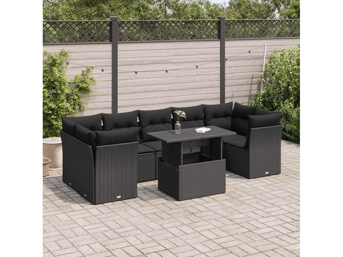 Vidaxl 8 Pcs Conjunto Sofás De Jardim Com Almofadões Vime Pe Preto