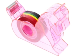 Dispensador portátil de fita adesiva rosa, com bordas suaves e design adorável, ideal para projetos e atividades artísticas.