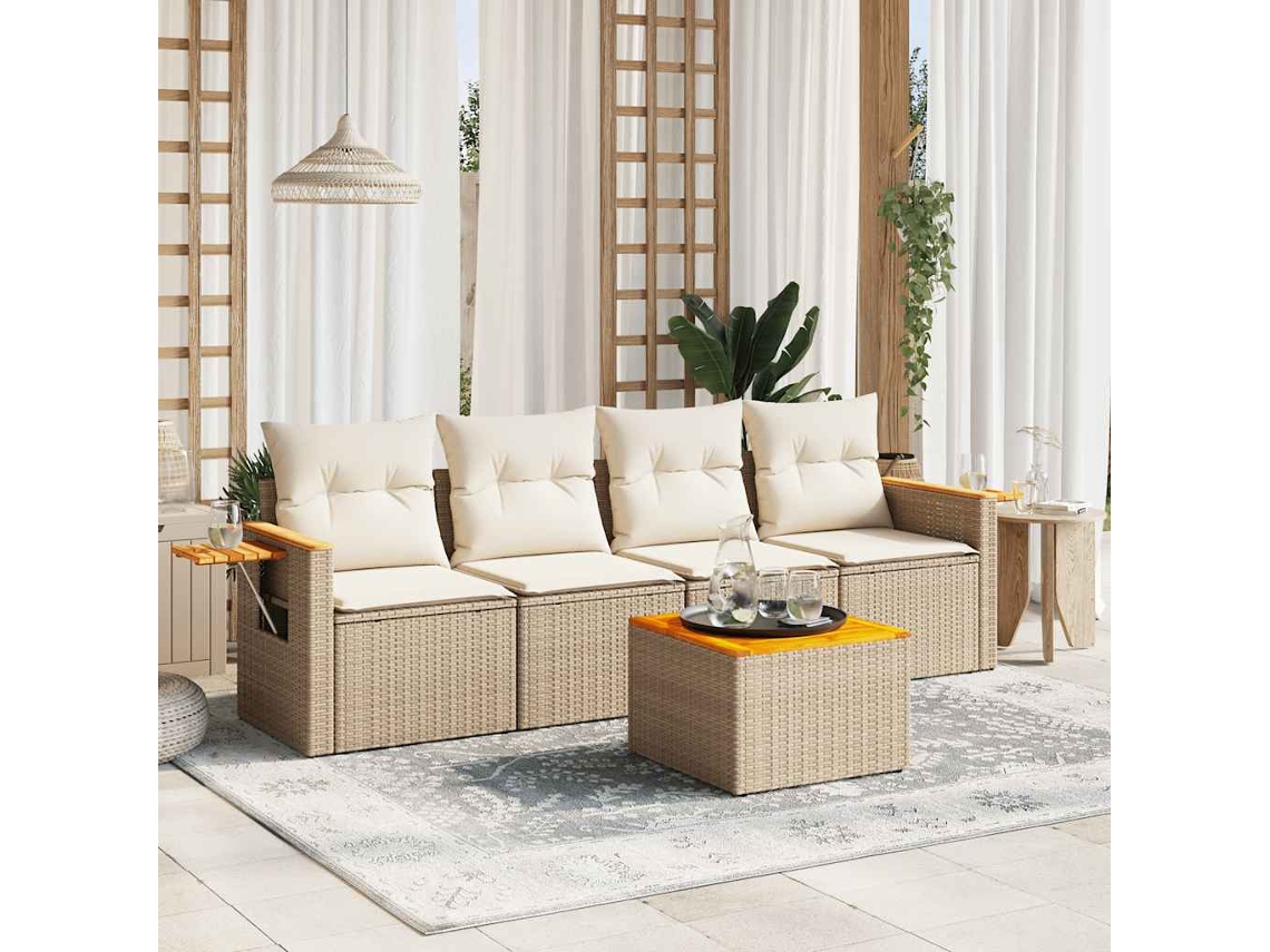 Vidaxl 5 Pcs Conjunto De Sofás P/ Jardim Com Almofadões Vime Pe Bege