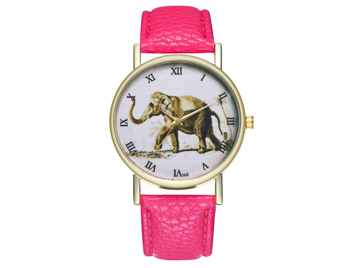 Relógio de quartzo com pulseira de couro PU, estampa de elefante moderna, mostrador com numerais romanos (vermelho e rosa)
