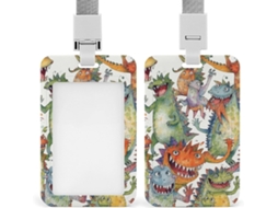 Porta-cartões Crachá com estampa colorida de monstros caóticos, resistente e durável, em plástico.