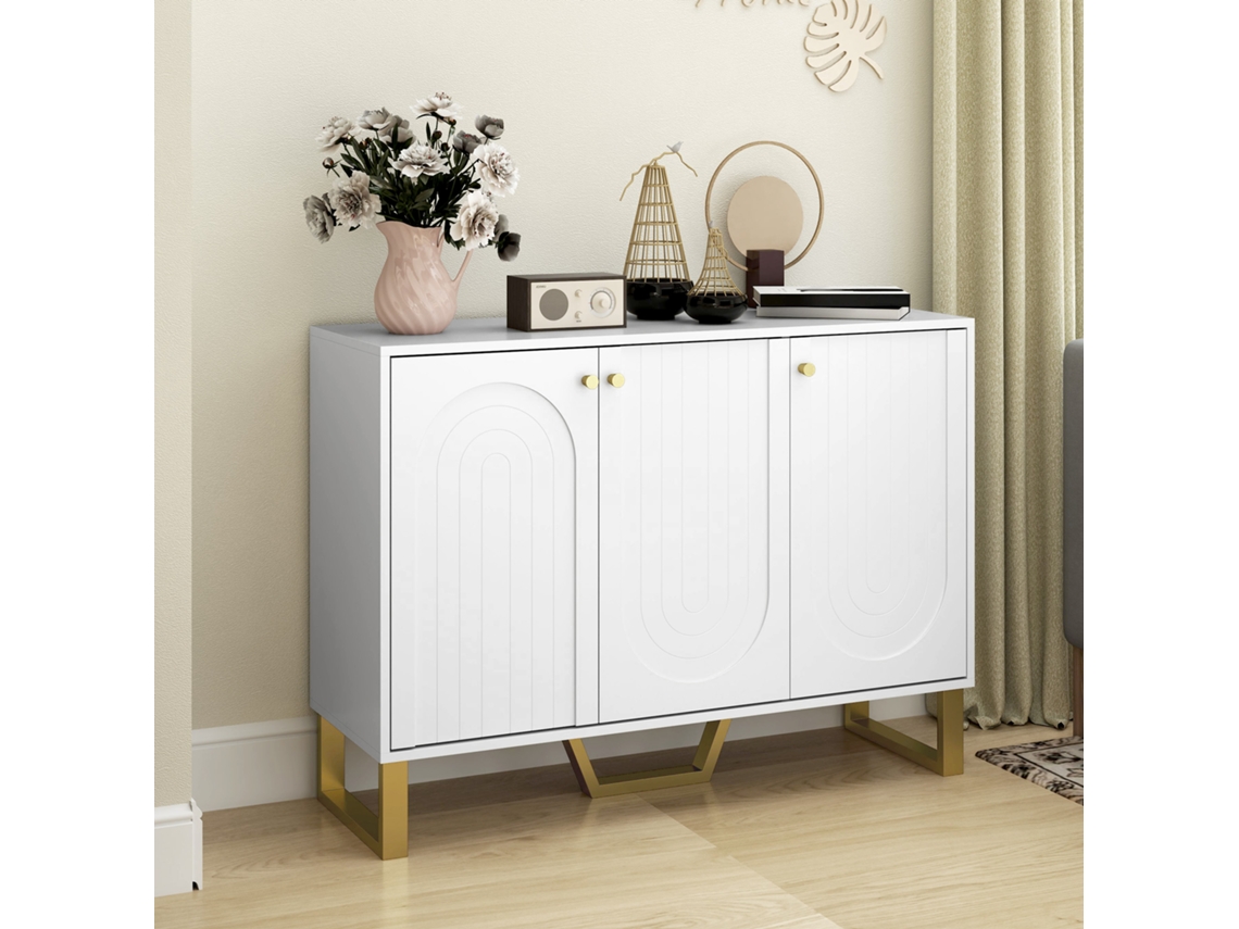 Aparador De 3 Portas Aparador Moderno Para Sala De Estar Com Prateleiras Ajustáveis Móvel Para Tv Até 50 Polegadas 106,5x35x77,5 Cm Branco