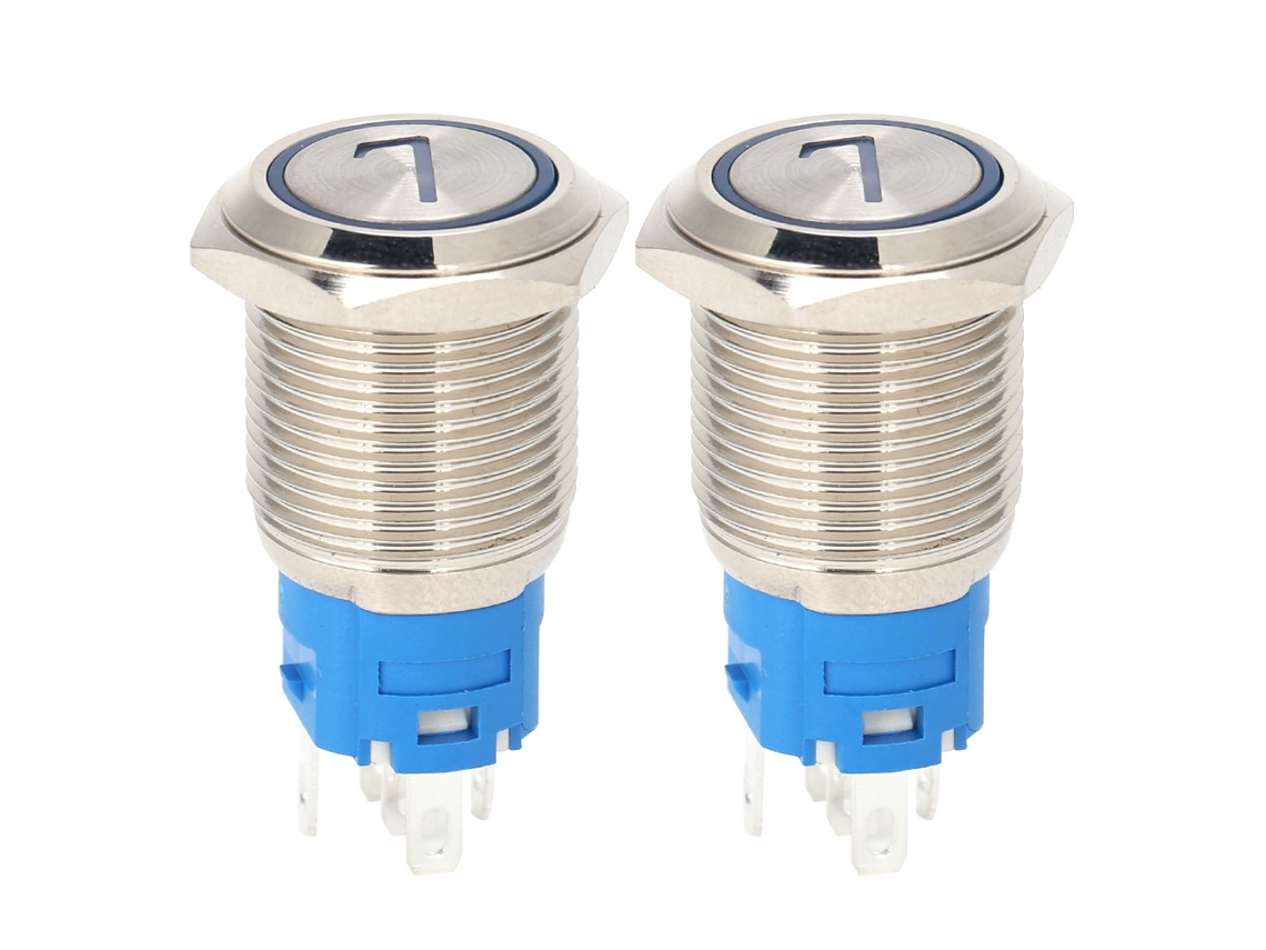 Interruptor De Botão Com Recuo Automático De Aço Inoxidável 5 Pinos 16mm Com Luz Azul 73-6vdc 2pcs