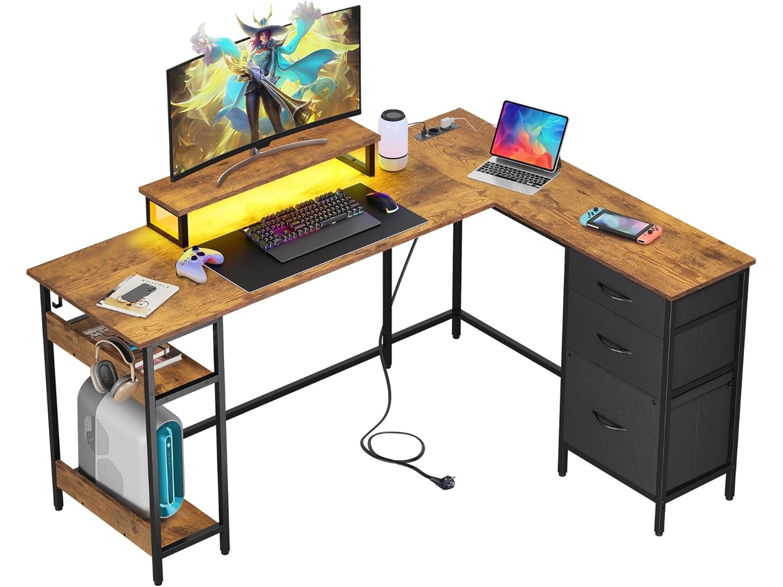 Secretária Gaming De Canto L Devaise 150×118 Cm, Gavetas, Tomada Usb, Secretária De Arrumação Para Escritório E Quarto, Castanho Rústico