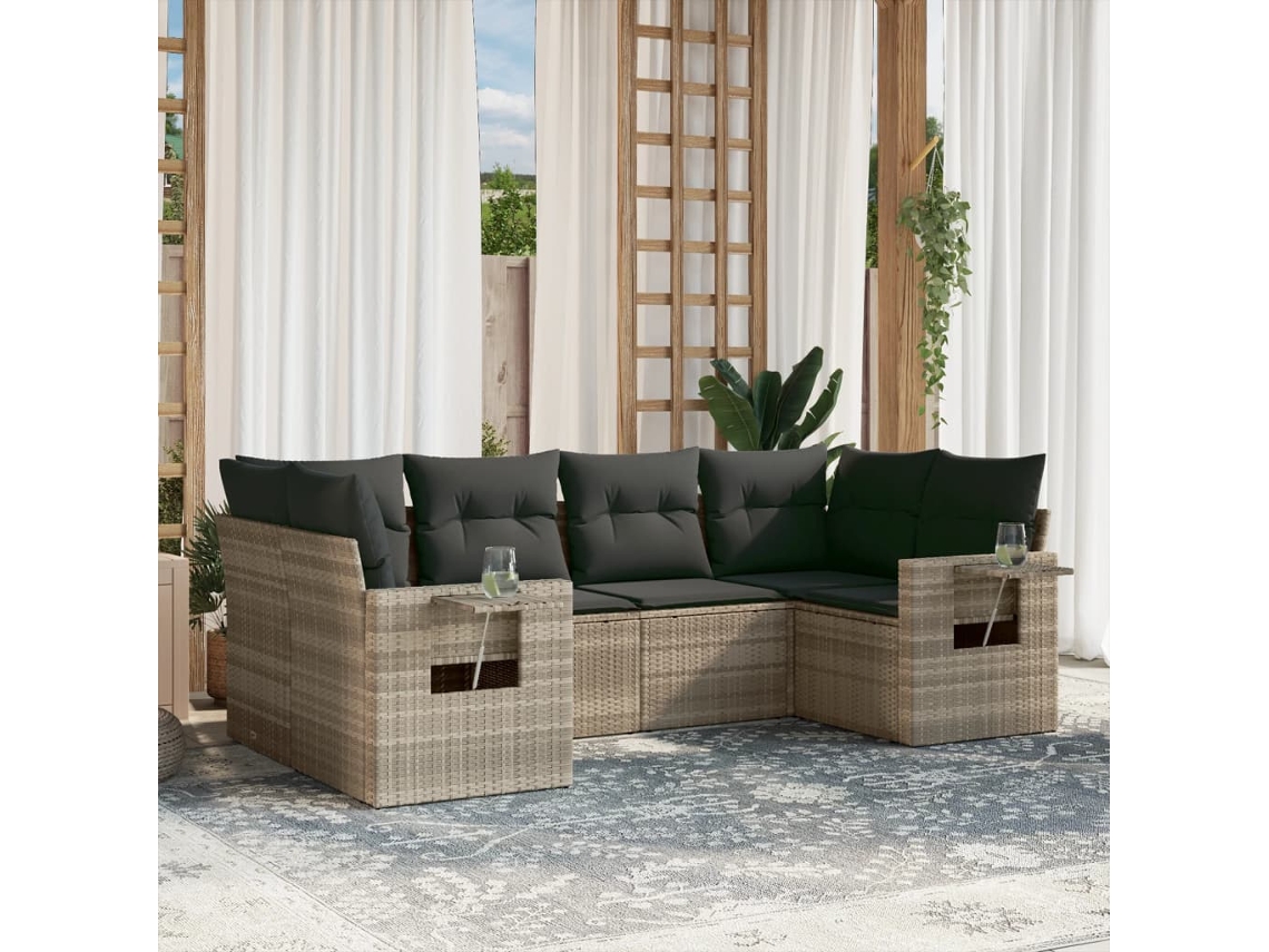 Vidaxl 6 Pcs Conj. Sofás Jardim Com Almofadões Vime Pe Cinzento-claro