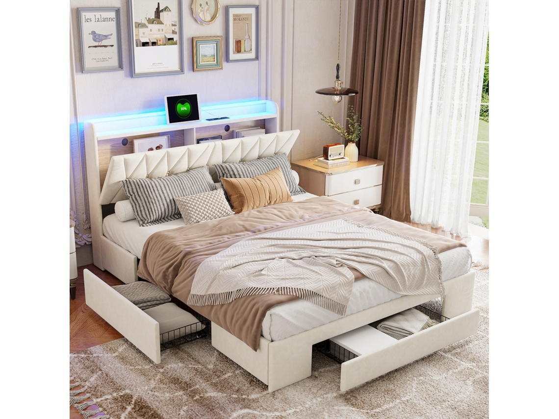 Cama De Casal 160x200 Cm Com Gavetas E Armazenamento, Led Rgb E Usb Tipo-c – Cabeceira Estofada Veludo Bege, Design Moderno