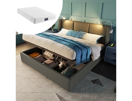 Cama Com Colchão De Casal E Cabeceira E Arrumação Estofada Espaço Luz Leitura Função Pangshiyaun Pele Sintética Cinzento (160x200)