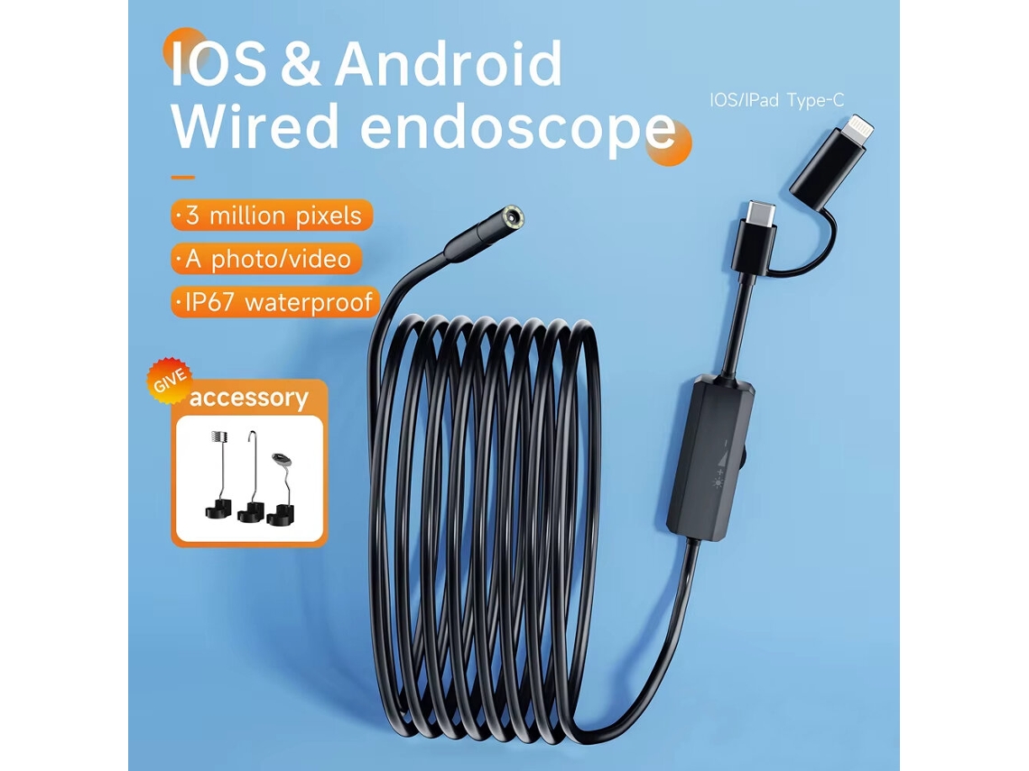 Endoscópio industrial com fio 5m-2 em 1 ios android 8 mm, câmera de smartphone 1m/2m/5m/10m tipo c hd 960p, boroscópio de inspeção de tubo com fio
